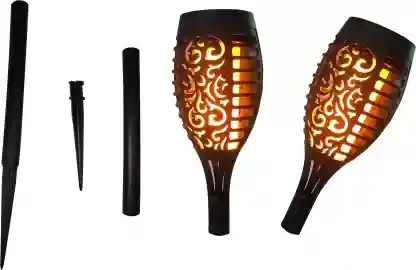 Orange Flame Garden Lamp with anchor rod, inbuilt Battery & Solar Panel – Set of Two